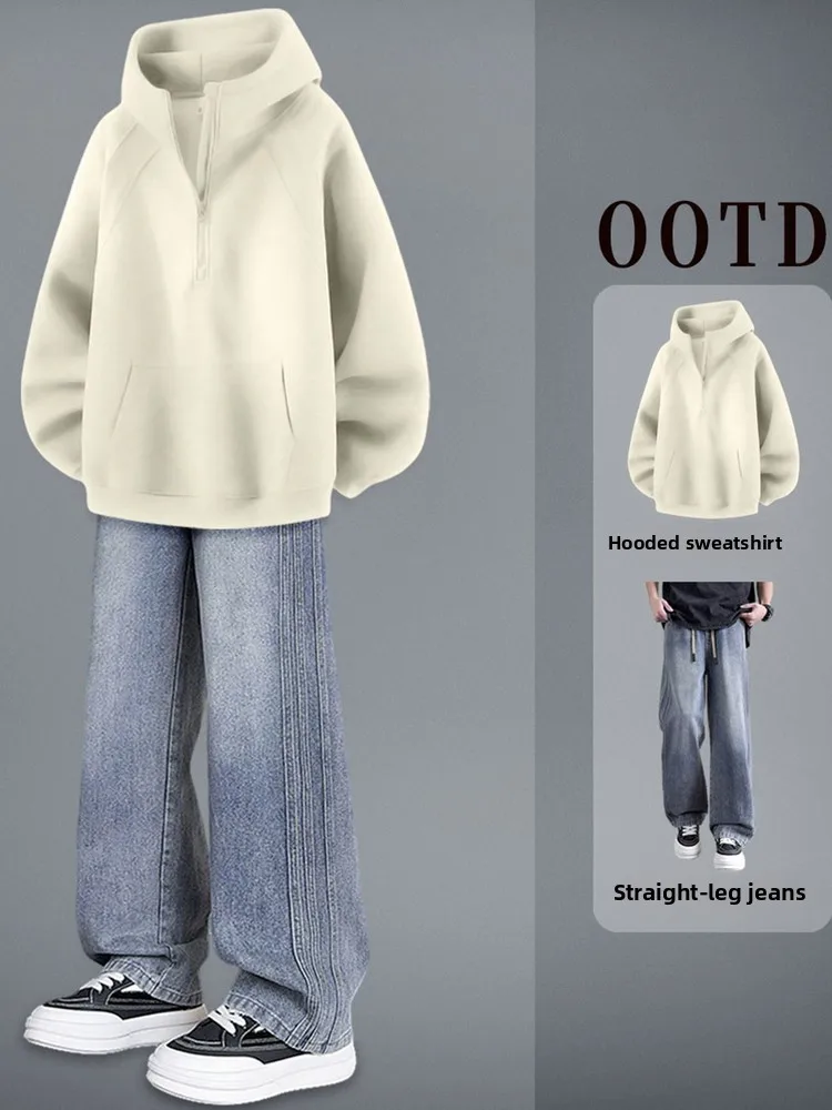 سترة بغطاء للرأس ثقيلة الوزن من American Sle Jaet للرجال للخريف والشتاء بياقة عالية وأرجل مستقيمة طقم جينز متطابق مع سحاب De... #3