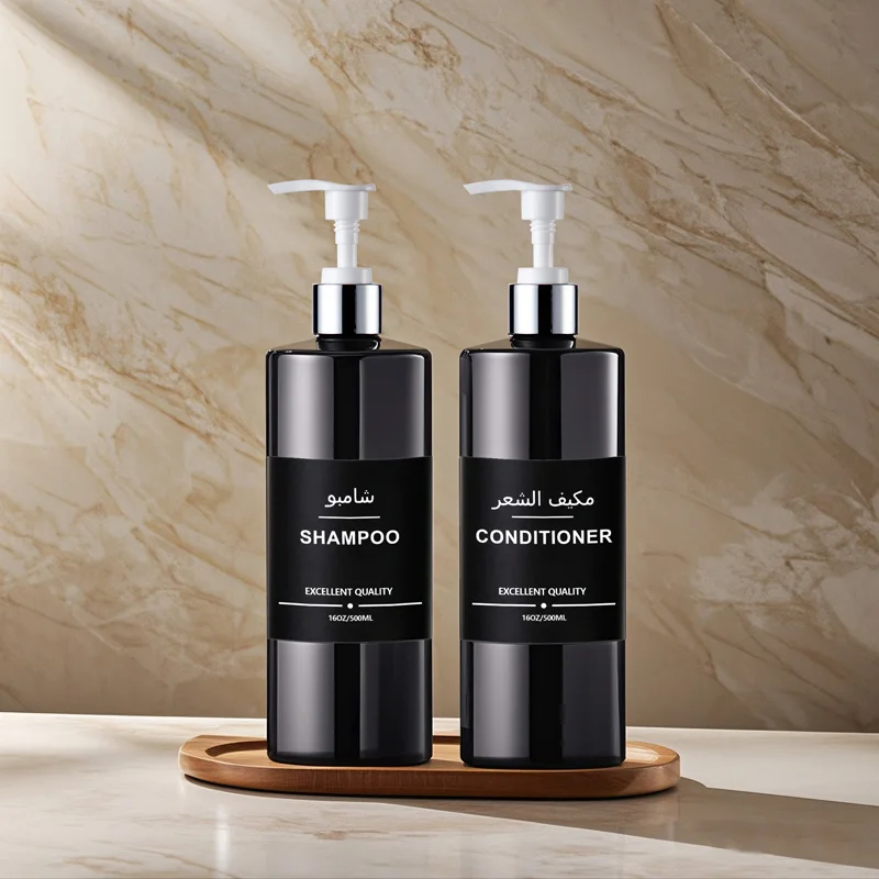 500ML Black Lotion Empty Pump Bottle With Labels Bathroom Refillable Shampoo Body Wash Conditioner Soap Dispenser For Hotel Home