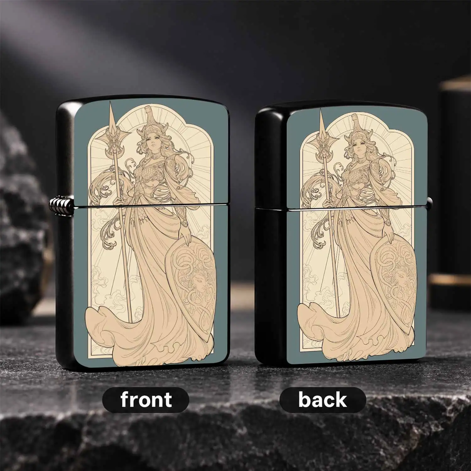 Vintage Art Nouveau Athena the Wise War Goddess  Exquisite Line Art Print PORTABLE Windproof Art Collectible Texture Personalized Cool Ignition TOOL for Daily Use Gifting to Friends and Hobbyists A fun and humorous lighter