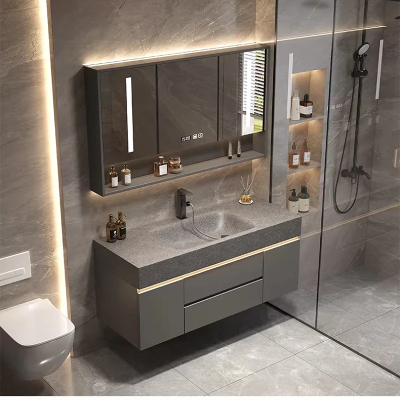 

Light luxury simple hot bending integrated basin solid wood intelligent hand wash face toilet combination bathroom cabinet