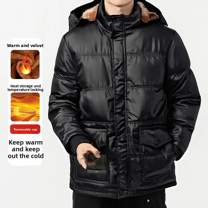 2025 شتاء جديد سترة قطن الرجال سميكة الدافئة وغير رسمية مكافحة البرد تقليد صوف الضأن مقنعين سترة العمل الرجال