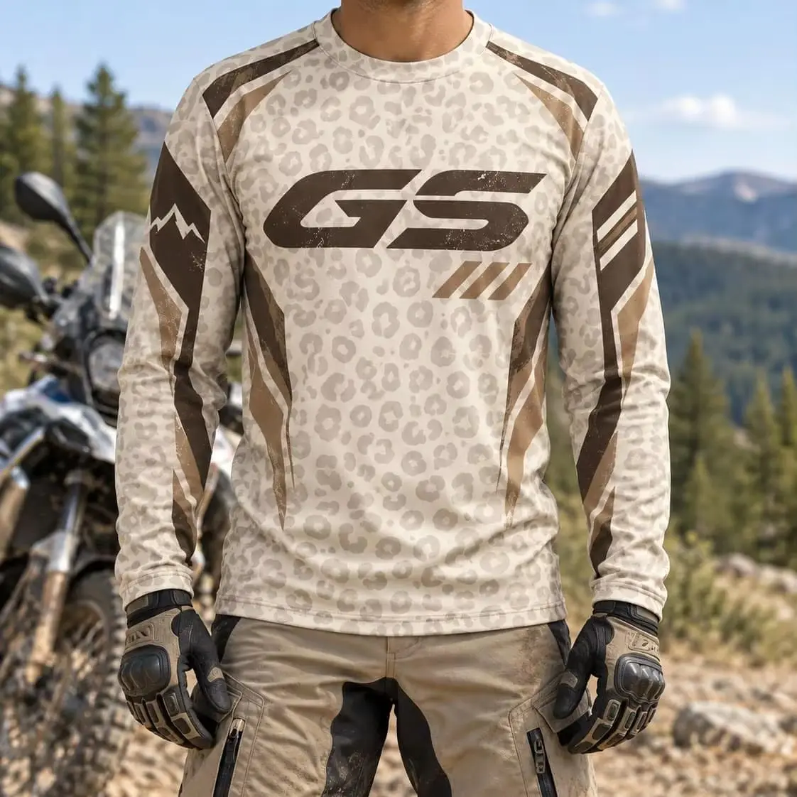 GS Mens Long Sleeve T Shirt Spring Autumn Cream Leopard Print Motorcycle Adventure Riding Jersey Off Road Touring MX Unisex Top