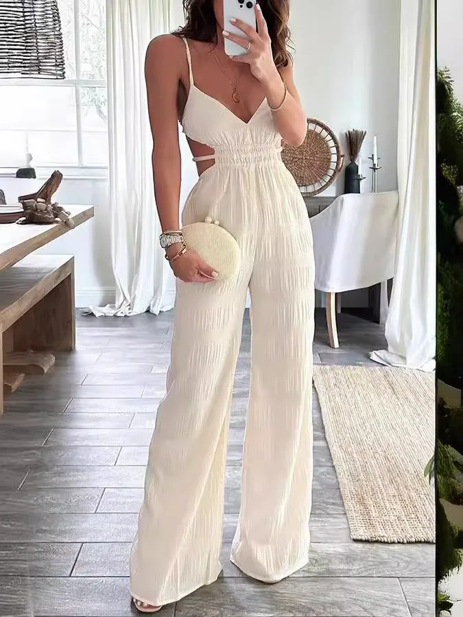Backless Halter Textured Elegant Temperament Sleeveless Jumpsuit