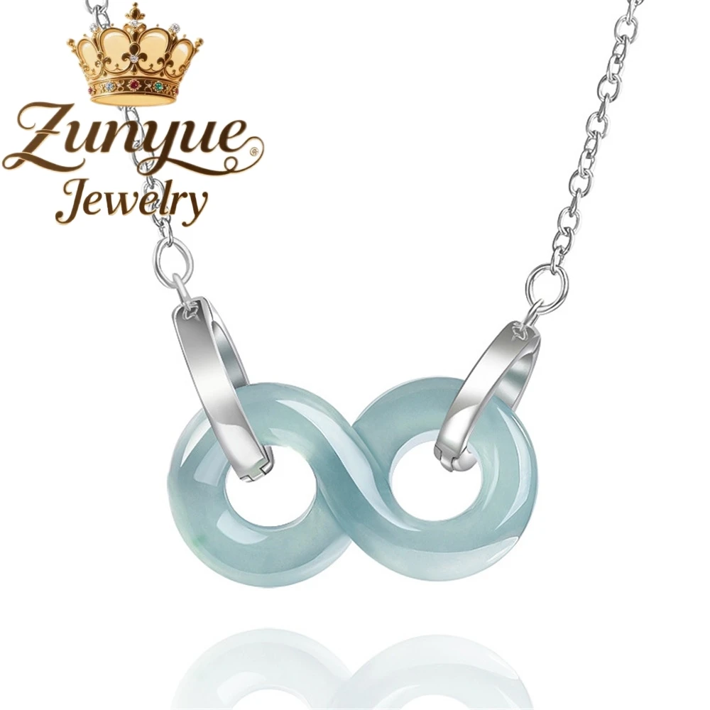 

Natural Jadeite A-Grade Blue Water Double-Ring Eternal Pendant Buckle Necklace S925 Silver Inlaid Fashionable Pendants