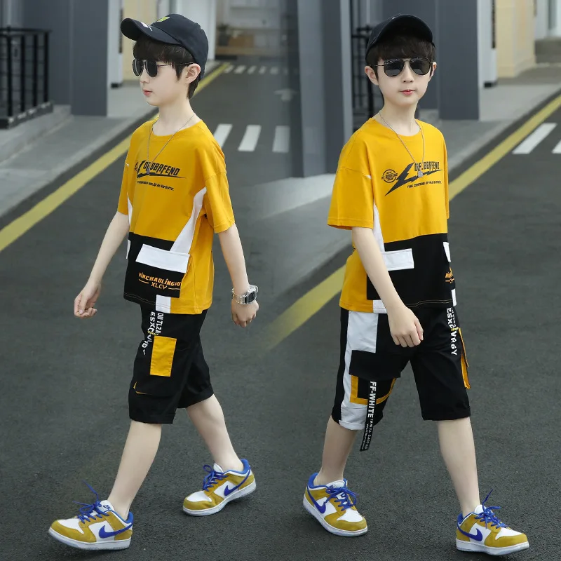 Boy Summer Clothing Sets 2023 New Fashion O-Neck Patchwork Multiple Pockets Casua 2 Pieces Teenager Clothes Outfits 120-170