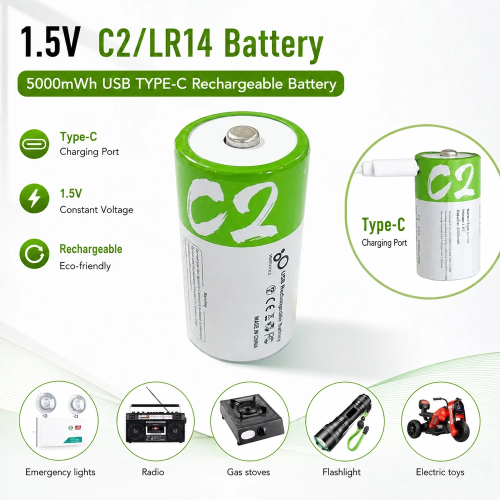 C Size 1.5V 5000mWh LR14 Rechargeable Battery Type-C Fast Charging for Flashlight Gas Cooker Toys Electronic Keyboard Batteria