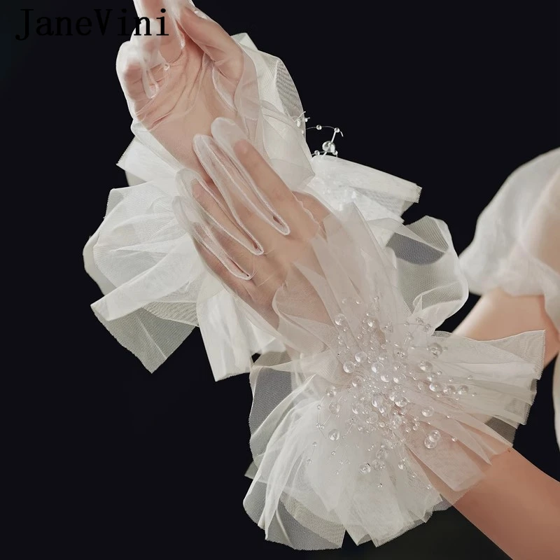 JaneVini 2024 Luxury Beadings Women Wedding Gloves for Bride Sheer Tulle Short Full Finger Bridal Gloves Lolita Luva Vintage