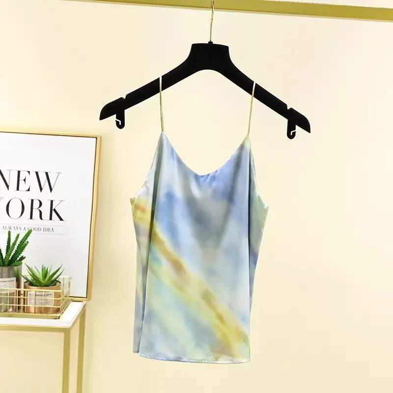 2024 Summer Tank Top Women Silk Satin Loose Oil Painting Print V-neck Strap Halter Vest Female Undershirt Lingerie High Quality