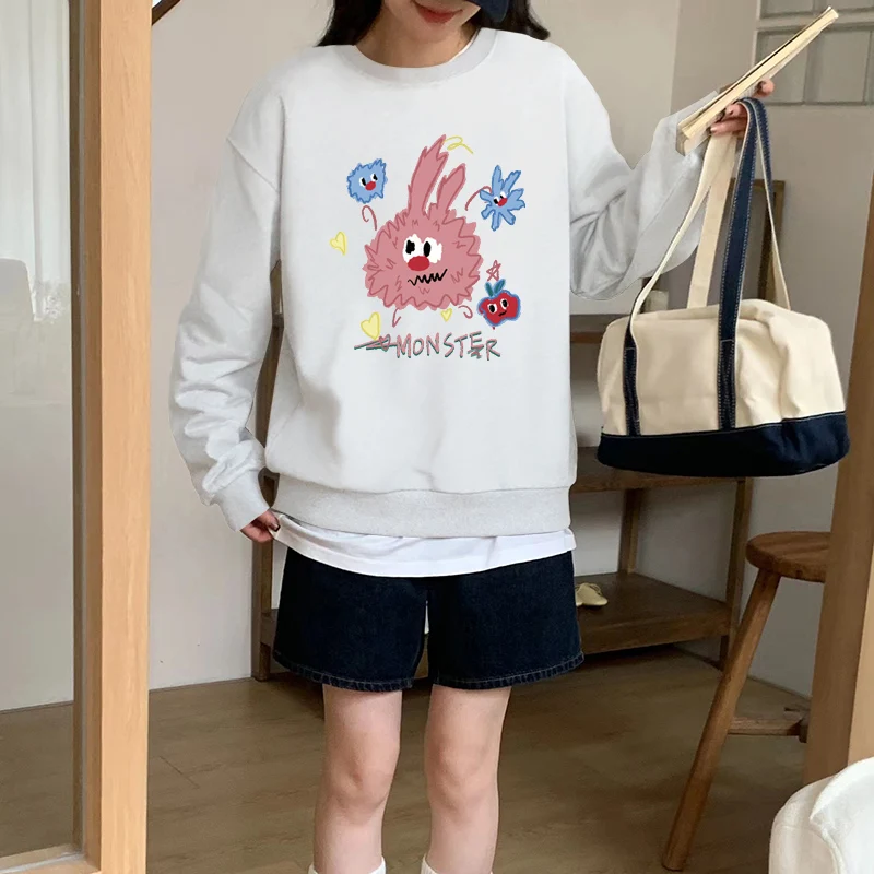 Crew Neck Loose Sweater Women's Spring and Autumn 2024 New Popular Pink Little Monster Trend Printed Sweatshirt