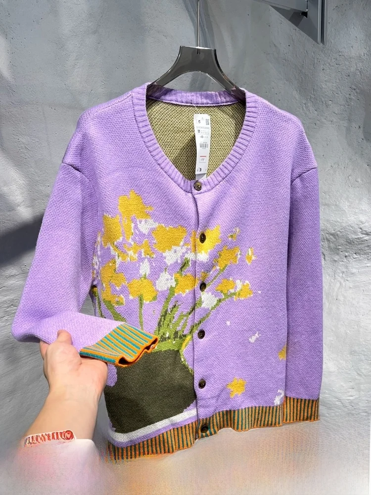 

Life-Like Floral Embroidery Knitted Cardigan Couple Sle Color Blo Nel Sweater Autumn Winter New Polyester Fiber