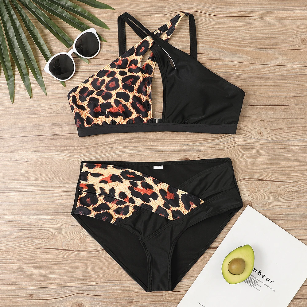 2022 New Ummer Women Fashion Leopard Print Two-piece High Waist Bathing Suit Swimsuit Female Sexy Bikini Suit Loose Beach Wear