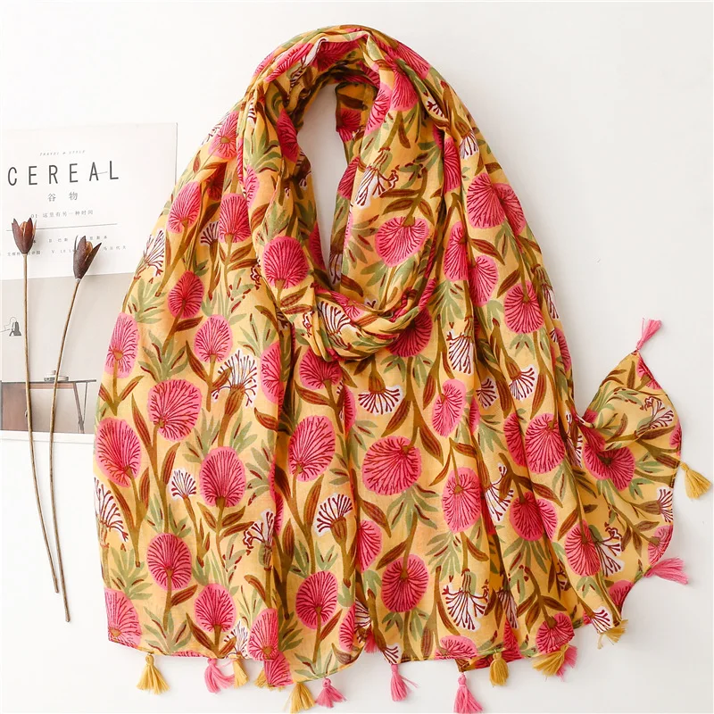 

2023 New Hydrange Floral Tassel Viscose Shawl Scarf Lady High Quality Wrap Thin Pashmina Stole Muslim Hijab 180*90Cm