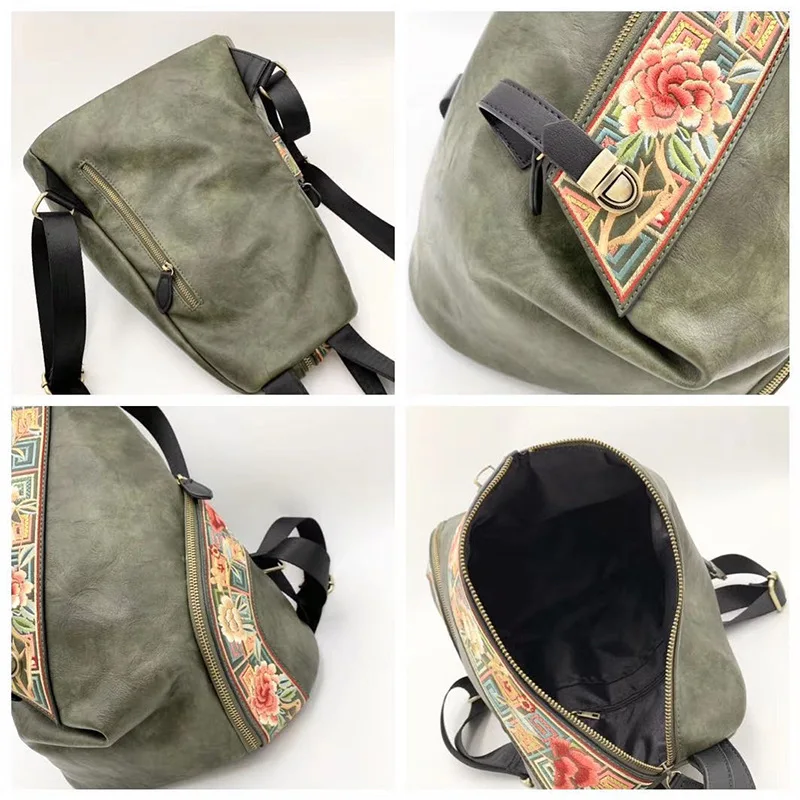 Johnature 2024 New Chinese Style Embroidery Bag High Quality Pu Leather Women Backpack Vintage Large Capacity Female Travel Bags