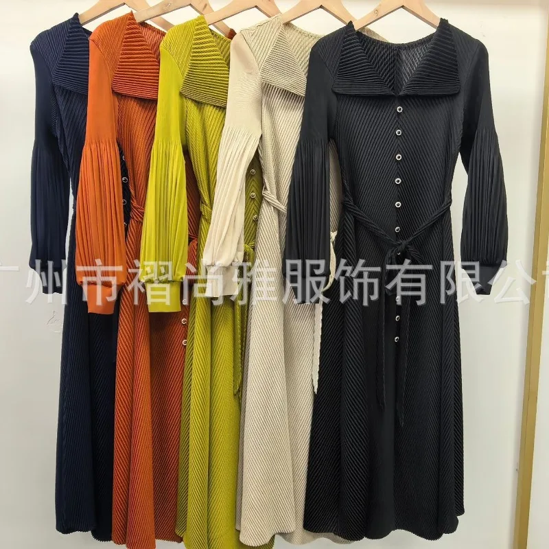 مياكي أوروبا فساتين نسائية جديدة مطوي التلبيب بأكمام طويلة بلون الدانتيل متابعة الخصر حجم كبير فستان طويل مرن الملابس