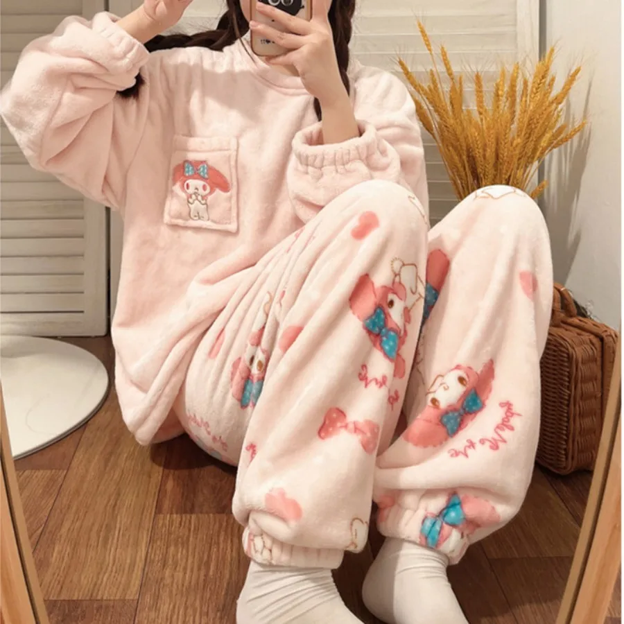 Sanrio Hello Kitty Pajamas Pants Kuromi Cute Women Trousers Flannel Soft Home Autumn Winter Keep Warm Leisure Girl Gifts