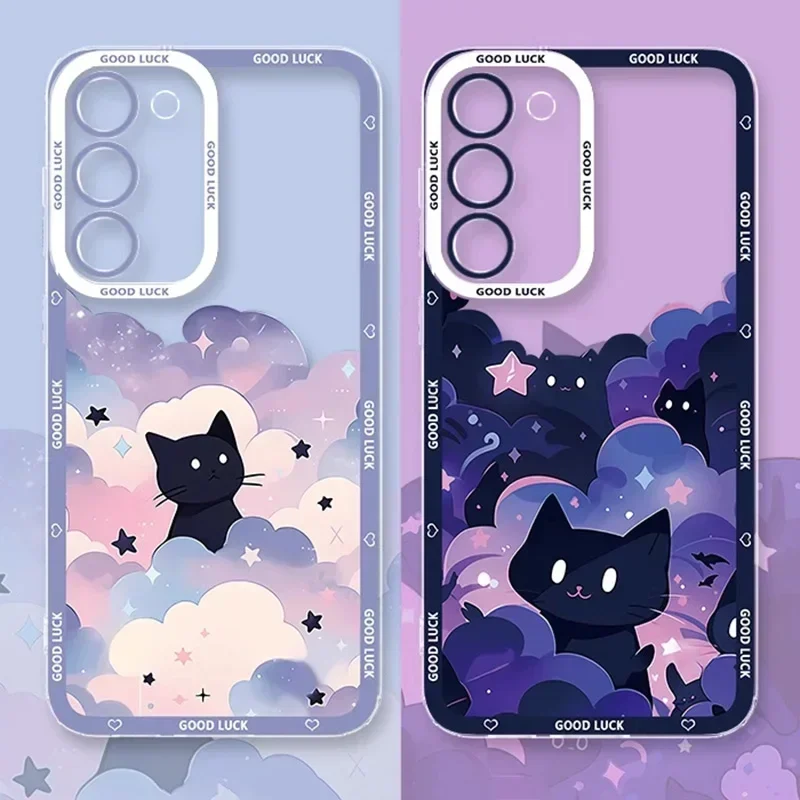 Lustige Künstlerische Schwarze Katze Sternenhimmel Handyhülle für Samsung Galaxy S26 S24 S23 S22 S25 Plus Ultra Transparente Hülle S23+ S22+ S24+ Schutzhülle