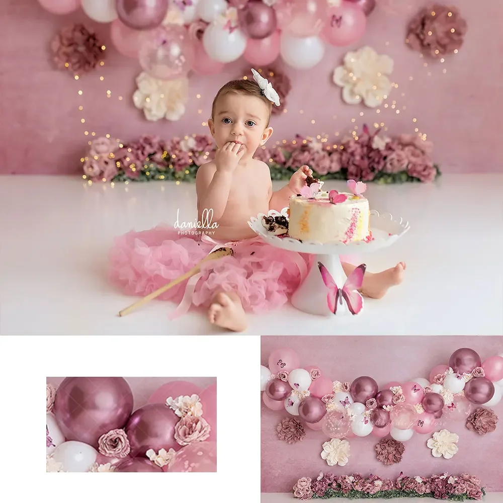 

Pretty Pink Butterfly Garden Backdrop Balloons Kids Baby Cake Smash Photography Props Child Girls Adult Studio Backgrounds