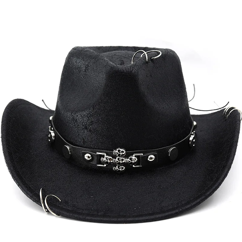 

Vintage Gothic Punk Cowboy Hat Men Women Vintage Western Felt Fedora Skull Belt Metal Hoops Halloween Party Cosplay Accessory
