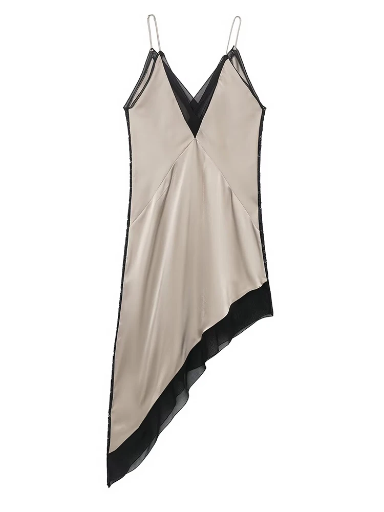 HH Women Sexy Satin Asymmetric Midi Dress Spring Summer Female Fashion Backless Sling V-neck Holiday Party Beach Short Dresses