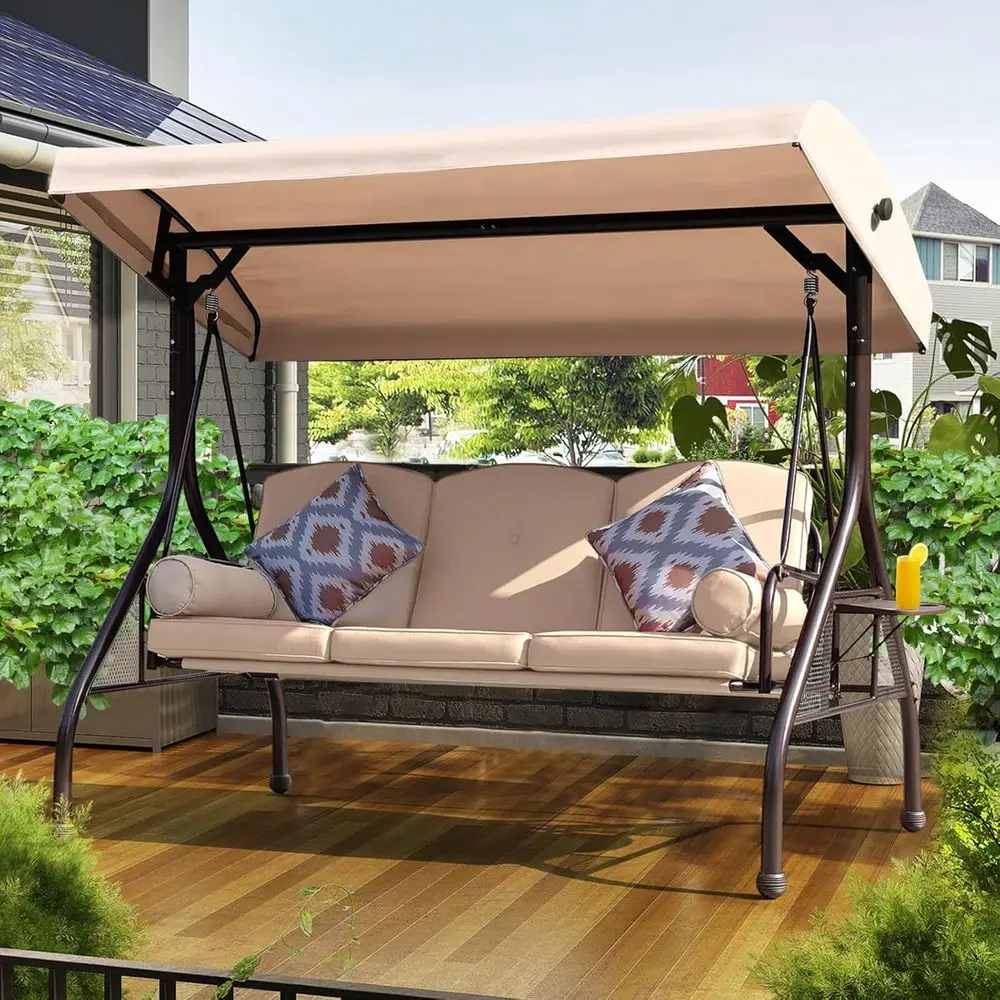 

3-Seat Outdoor Swing with Adjustable Waterproof Fabric Cushion, Pillows, and Folding Side Table