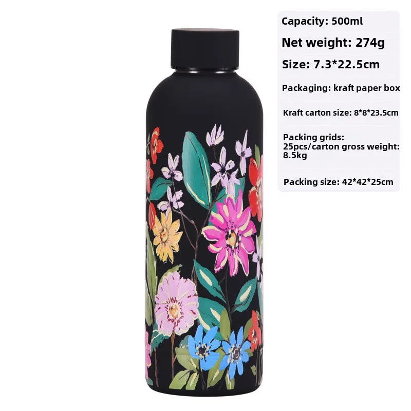 

500Ml New Stainless Steel Thermos Cup with Straw Milk Tea Coffee Cup Set Printing Series Handle Sports Gift Mug Water Bottle