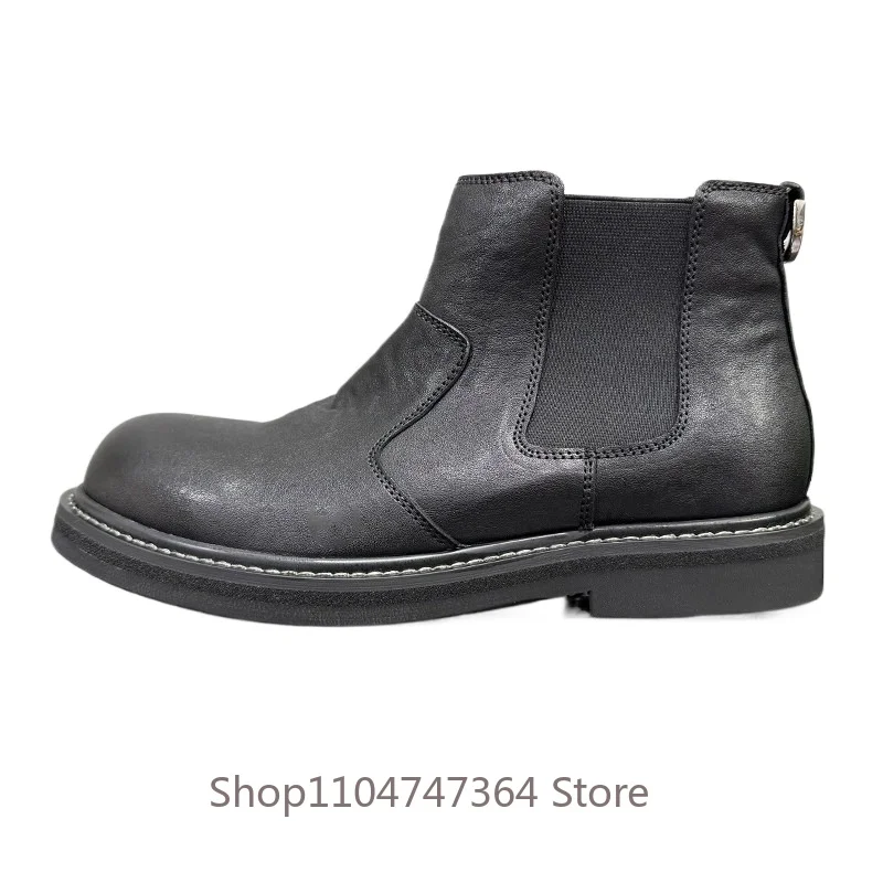 Luxury Fashion Black Genuine Leather Thick Sole Casual Chelsea Boots Men's Shoes High Top Slip on Business Work Walking Boots