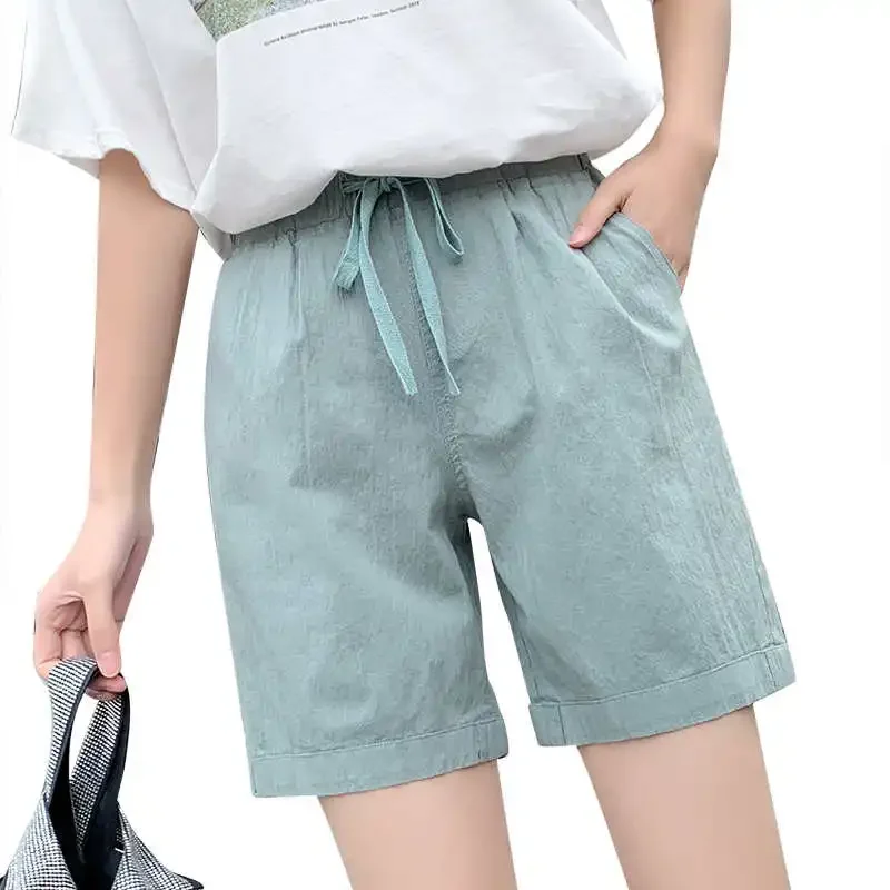 

3XL Plus Size Lace Up Vintage Casual Cotton Linen Pants Women Cargo Straight Summer Shorts Pockets Loose Short Sweatpants C7251