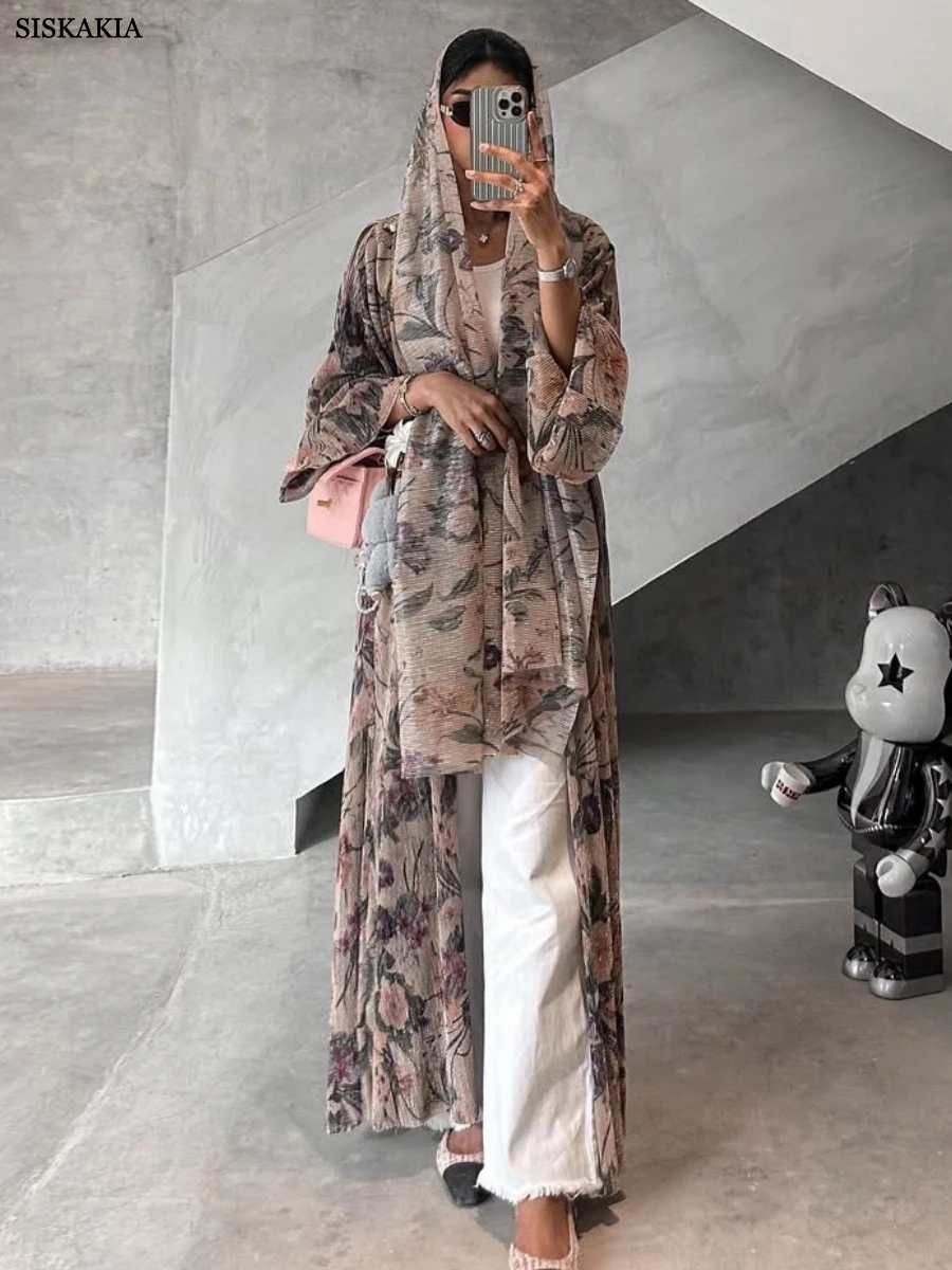 

Siskakia, новая мода, открытый хиджаб Абая с цветочным принтом в комплекте, повседневный свободный мусульманский элегантный женский кафтан 2025