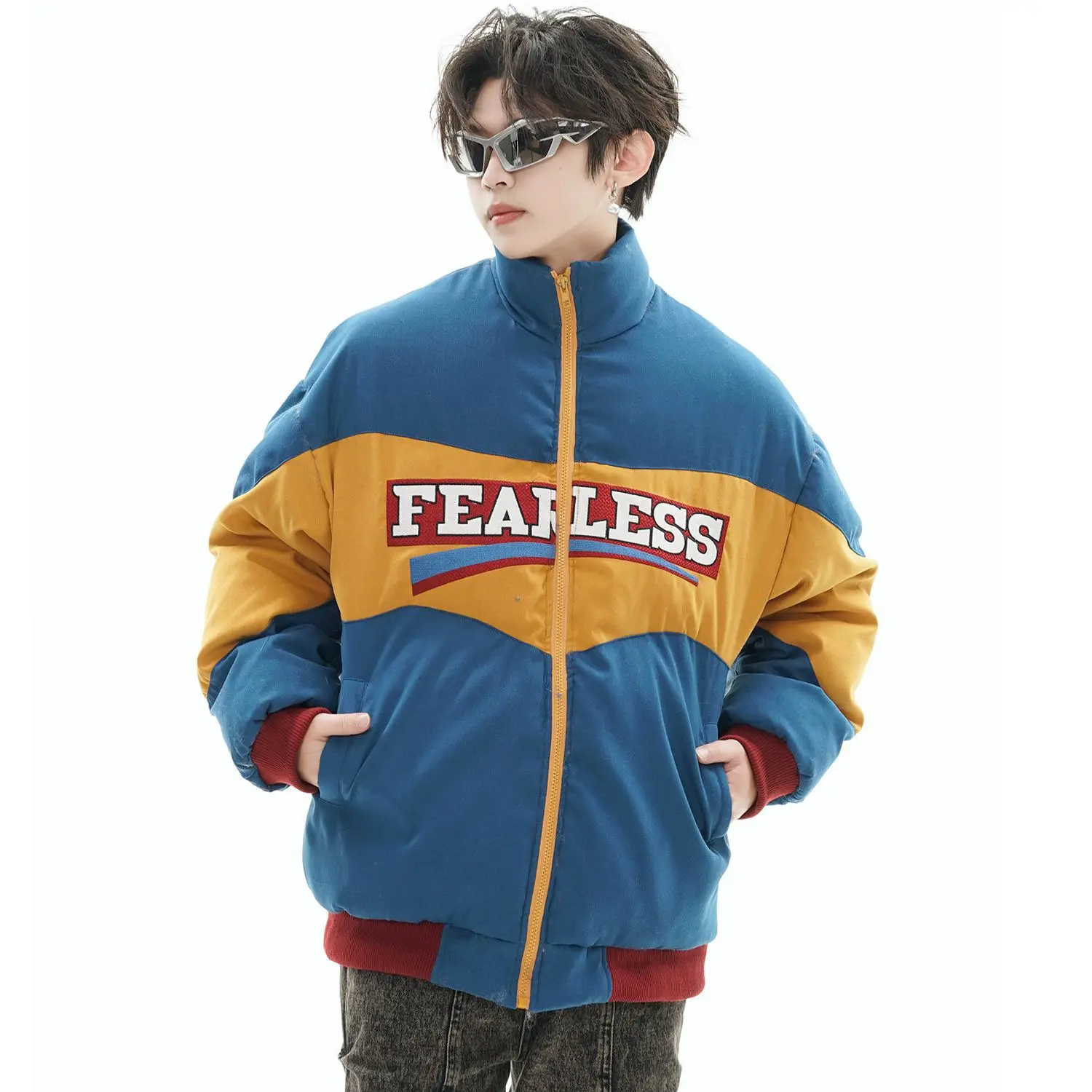 American Retro Jacket Men Patchwork Color Contrast Letter Embroidery Bread Coat Warm Thick Versatile Hip-hop Couple Cotton Top