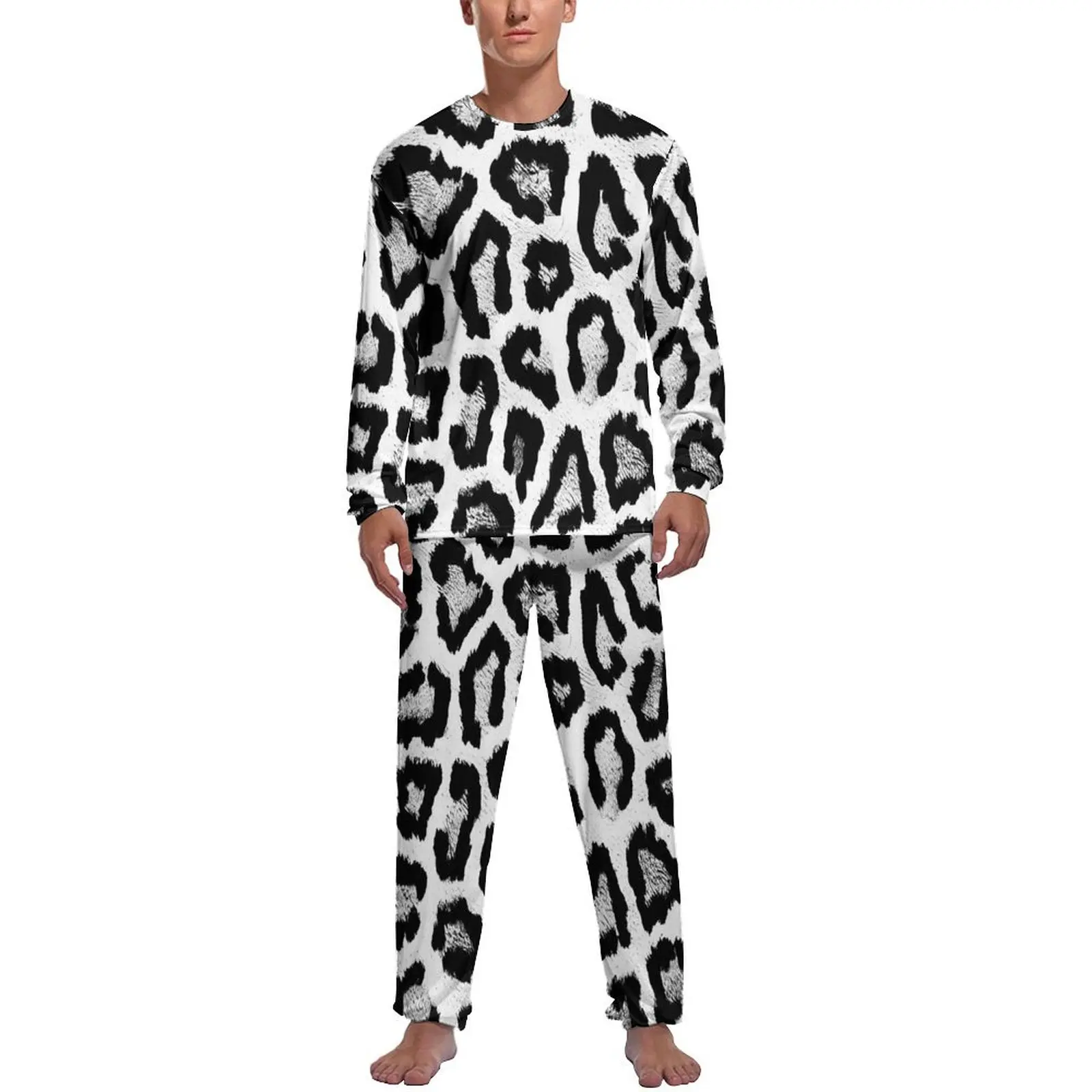 Black And White Leopard Print Pajamas Autumn  Casual Nightwear Men 2 Pieces Graphic Long-Sleeve Trendy Pajama Sets