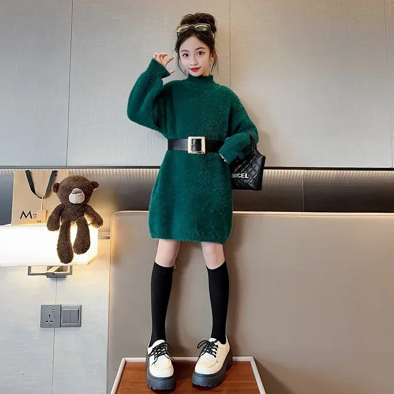 Korea Autumn Winter Children Girl Long Plus Velvet Sweater Teenager Girl High Collar Knitted Dress School Girl Kintwears 4-14Yrs