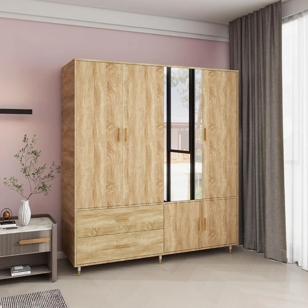 

Armoire Wardrobe Closet With 4 Doors, 2 Hanging Rods, Wardrobe Closet With 2 Drawers And Mirror(63" W X 20.4" D X 70.8 "H)|