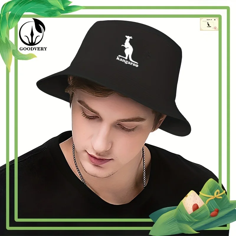 1pc Kangaroo Print Bucket Hat Breathable Lightweight Sun Easy Fold Carry Design for Outdoor Sports Fishing Hiking Black