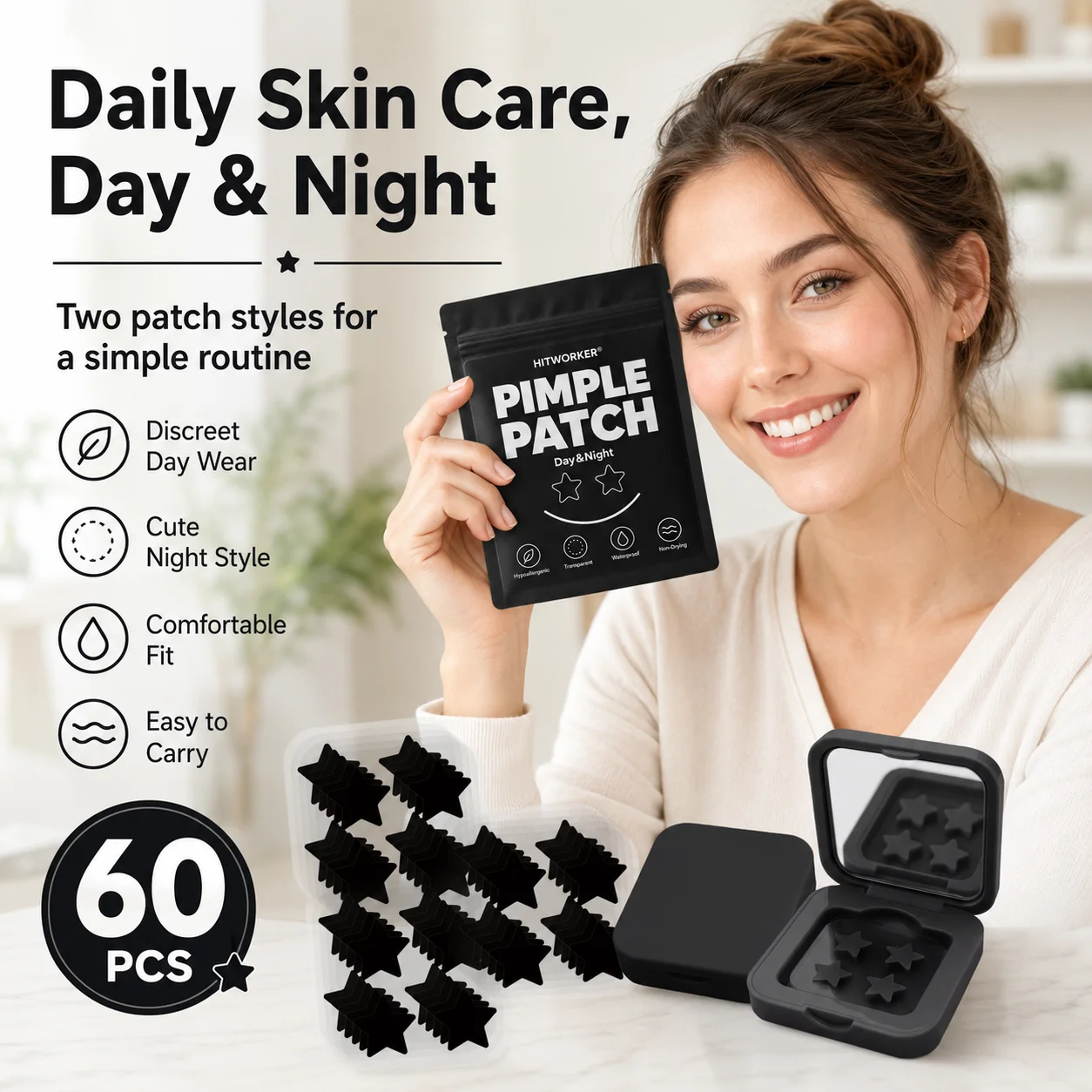 60 Count Black Pimple Patches with Mirror Case, Hydrocolloid Face Patches, Invisible Spot Cover Stickers, Portable Skin Care Pat