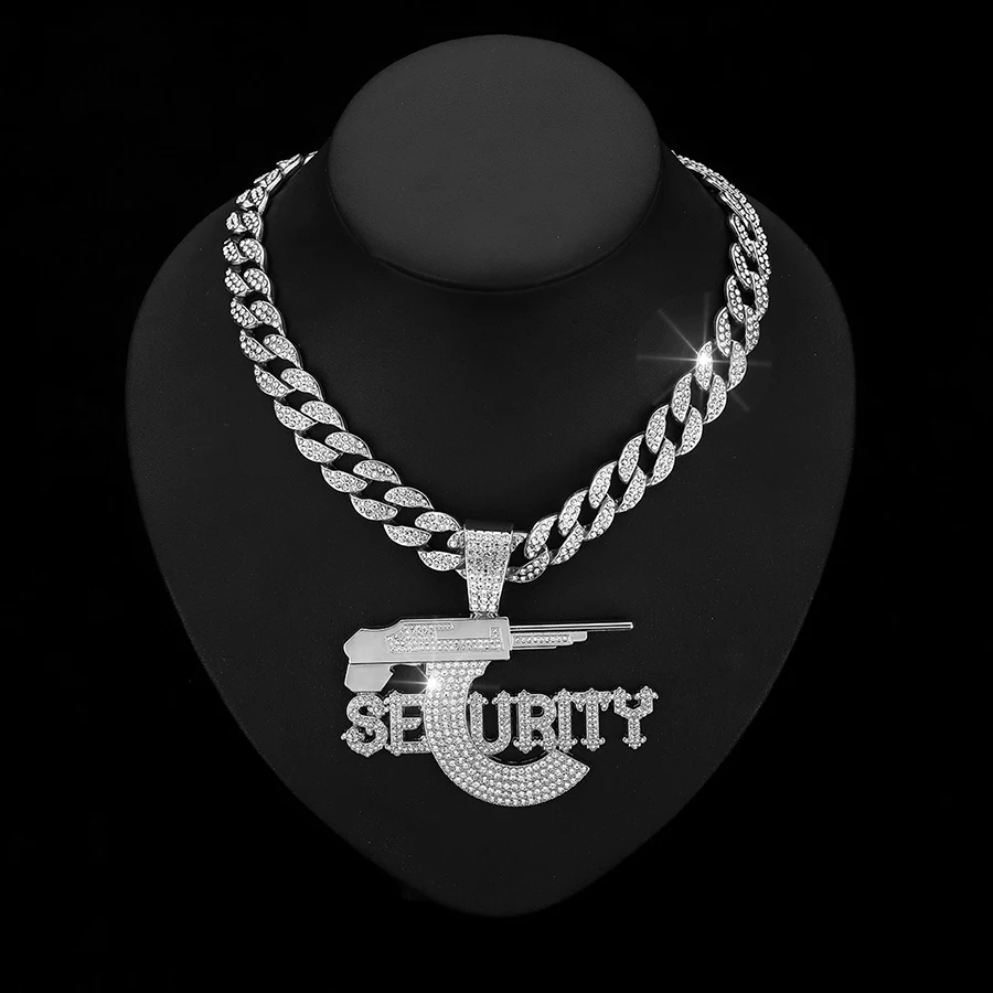 Hip-hop sniper rifle SEURITY letter pendant necklace ice crystal Cuban chain fashion cool jewelry men\'s gift