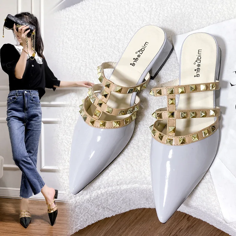 Women Baotou Half Slippers Summer New Fashion Patent Leather Pointed Casual Rivet Beach Comfortable Non Slip Beige Slippers