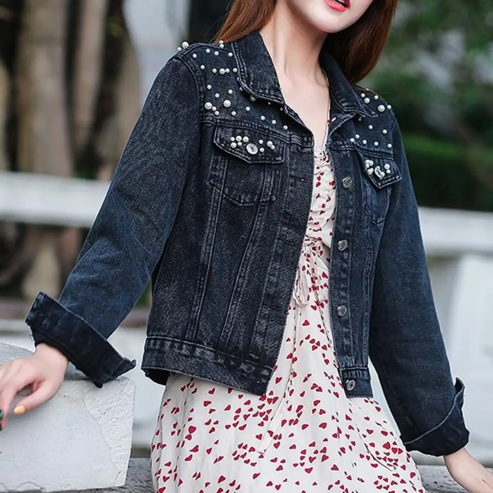 

Women Denim Jacket Solid Color Single-breasted Short Beads Decor Long Sleeve Cardigan Imitation Pearl Autumn Coat Female Clothes