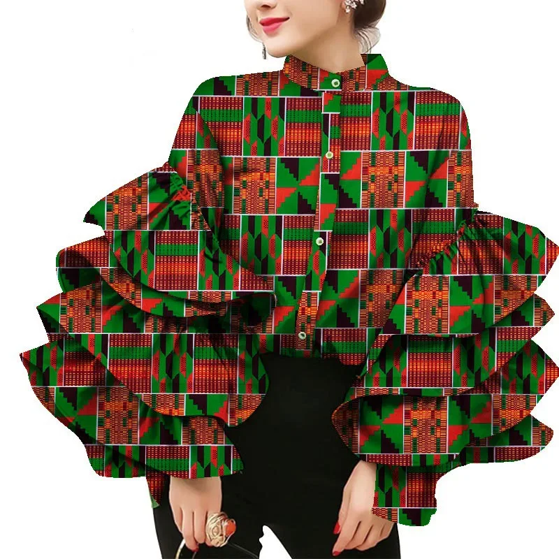 Camisa de vestir africana con cuello levantado, blusas de manga acampanada para mujer, Top de algodón con estampado de cera, ropa de talla grande para mujer, fiesta y boda