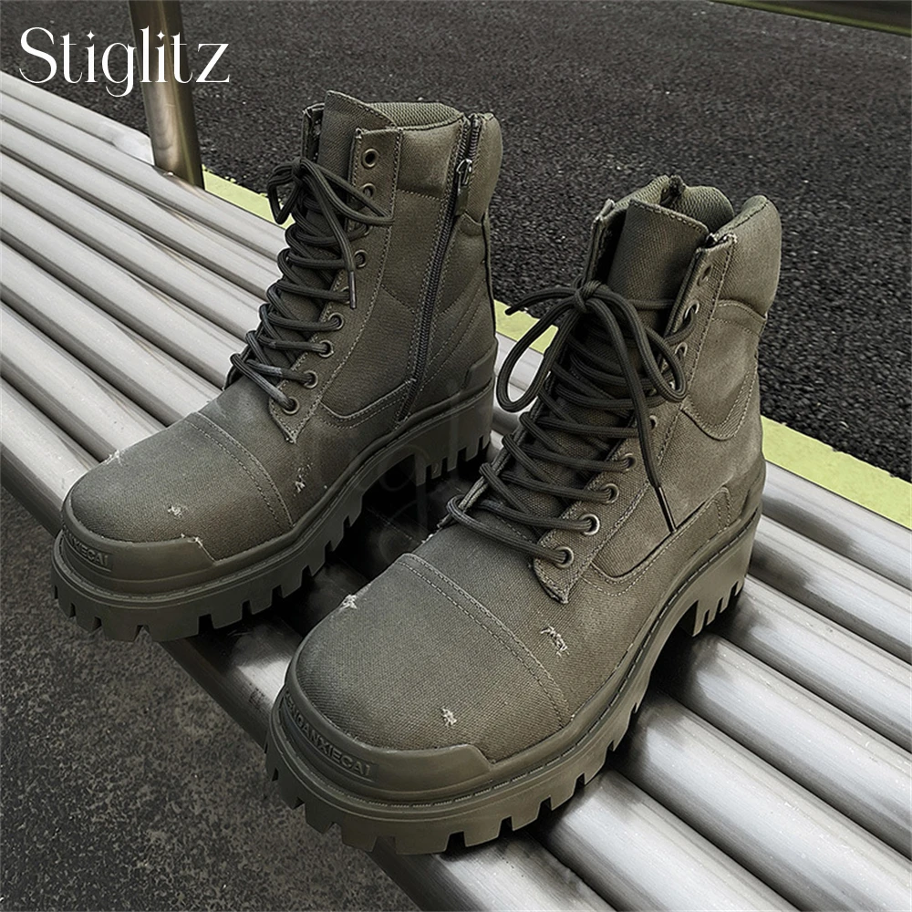 Army Green Canvas Motorcycle Boots Punk Style Lace up Ankle Boots Designer Style Fashion Handmade Platform Modern Boots for Men