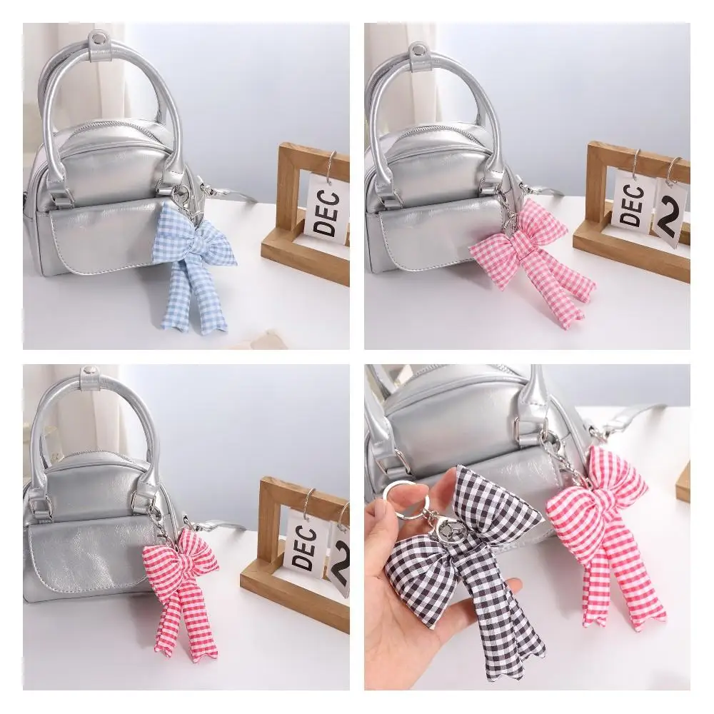 Fashion Grid Bow Bag Pendant Balletcore Korean Style 3D Bowknot Keychain Cotton Filled Phone Chain Y2k Bag Hanging Daily