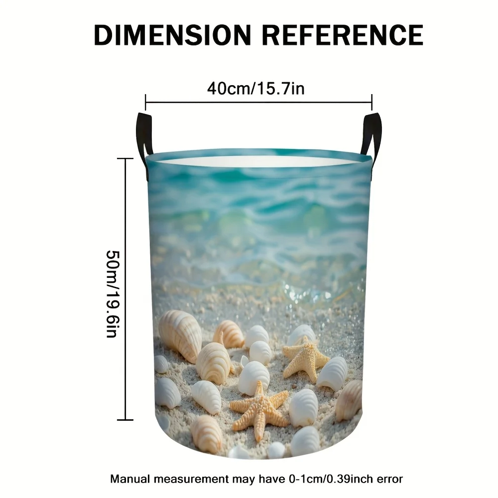 Seashell Symphony Foldable Laundry Hamper Compact Round Design Handle for Home Dorm Use Shelf Baskets