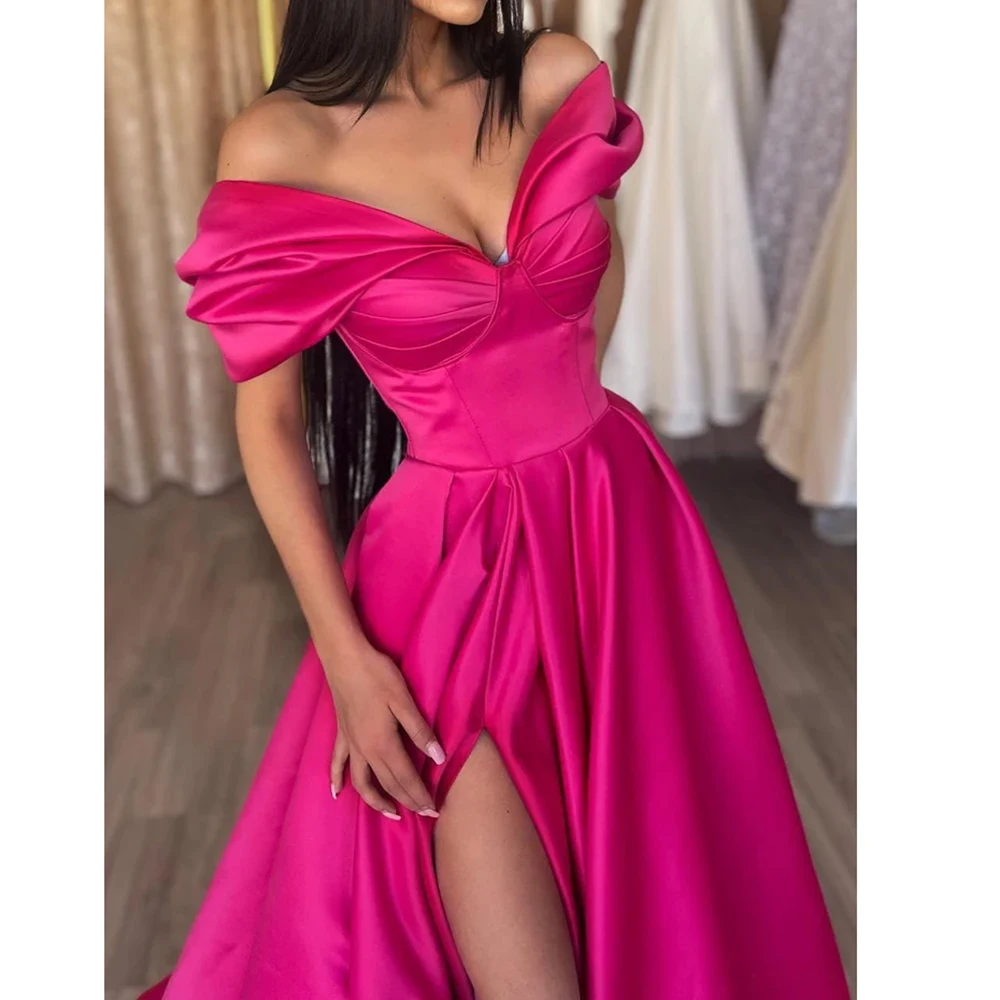 Rose Red Satin Split Formal Evening Dress Off the Shoulder Draped Chic Gowns Sleeveless Floor Length Special Occasion Prom Dress