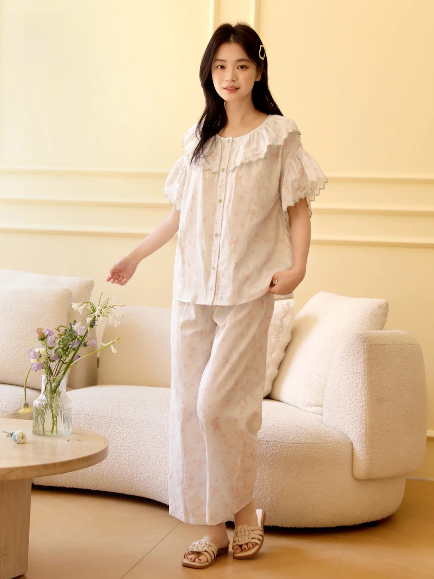 class-a-maternity-cotton-double-layer-muslin-short-sleeve-long-pants-home-clothes-set-embroidered-floral-print-ruffle