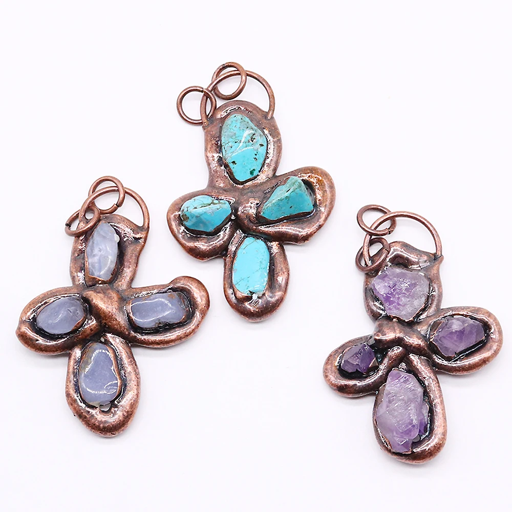 

Natural Stone Pendant Antique Copper Hoop Crystal Quartz Amethyst Turquoise Pendants for Jewelry Making DIY Retro Necklace