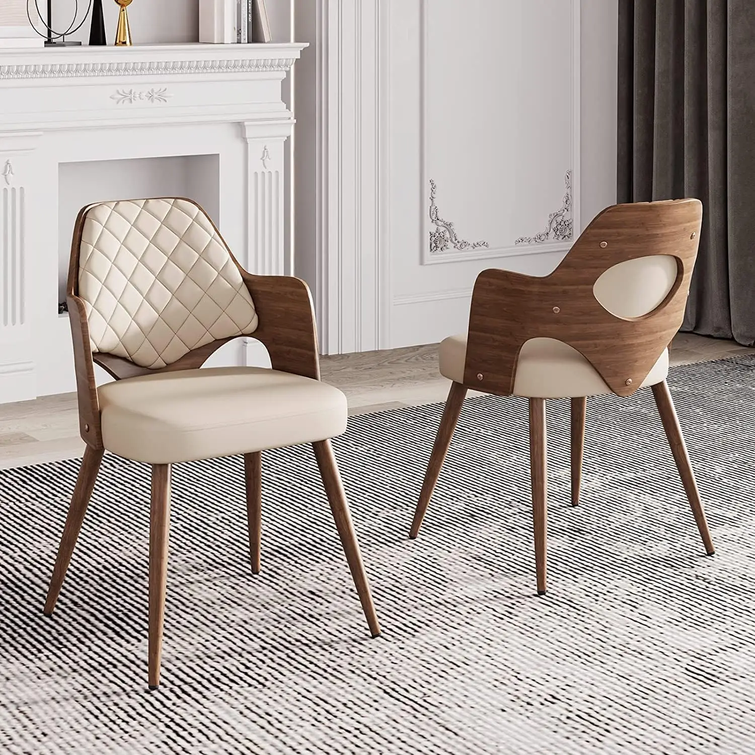 

Mid Century Modern Dining Chairs Set of 2, Upholstered Faux Leather Walnut Curved Back Contemporary Kitchen Dining Accent Chair