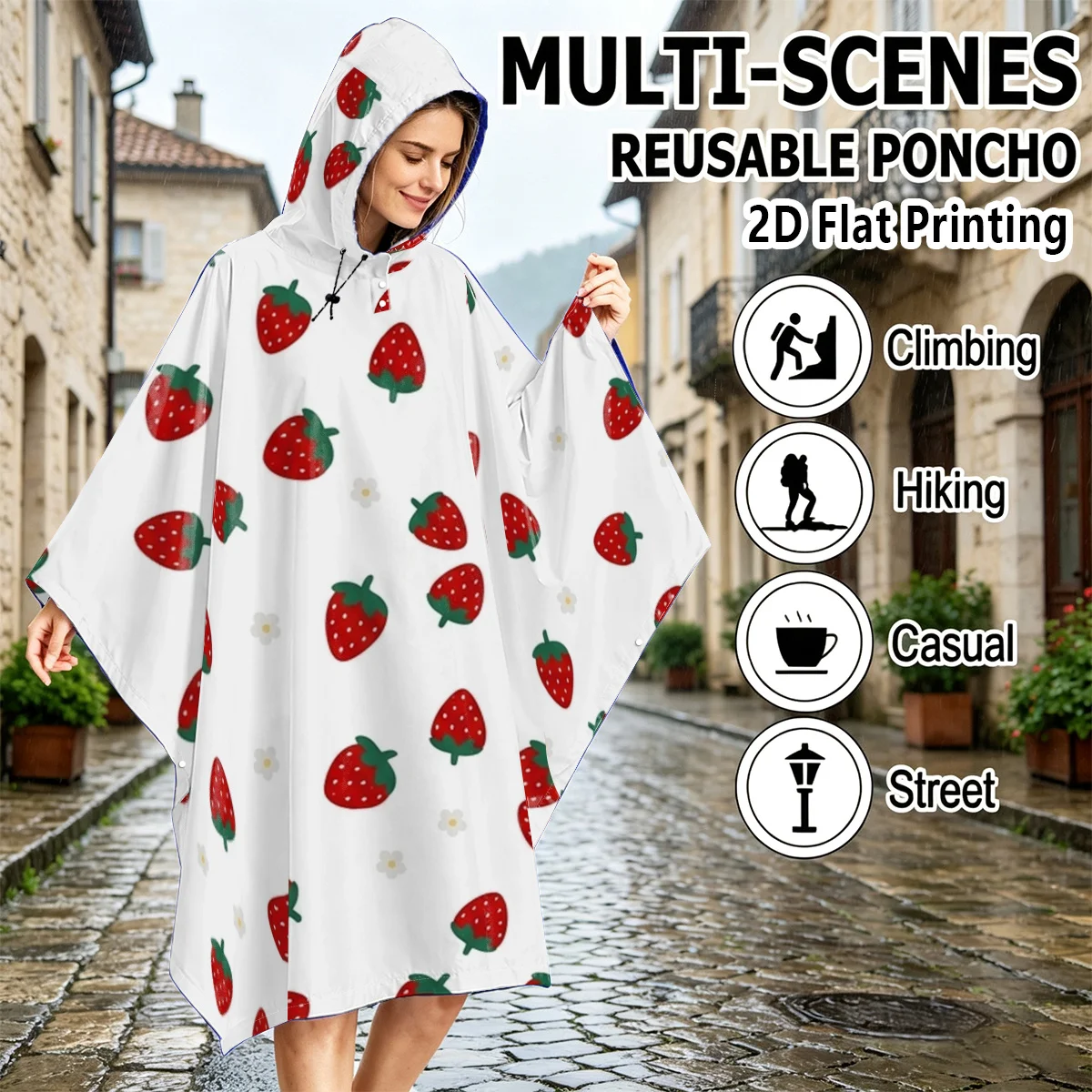 2D FLAT Printing 1pc Cycling Rain Poncho Red Strawberries On White Background, High Quality Adult Outdoor Raincoat
