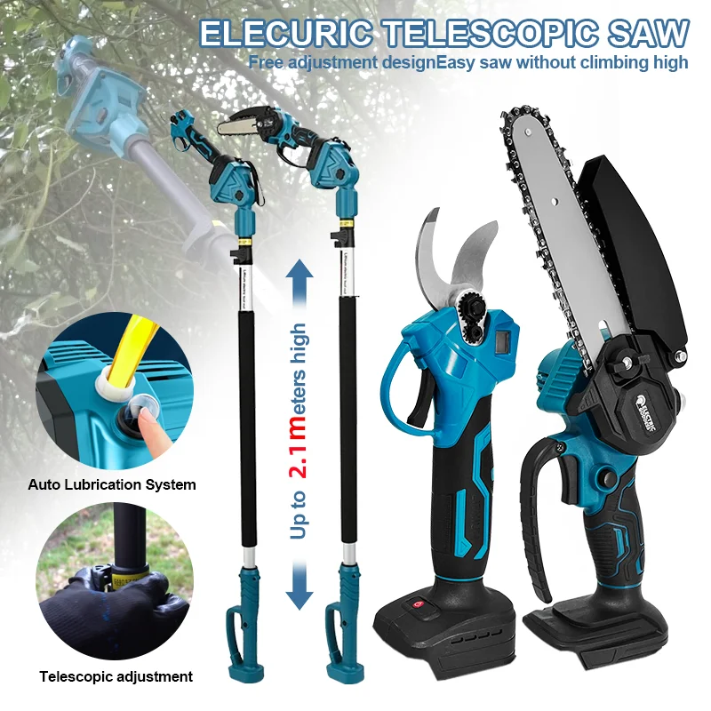 EG Electric Garden Pruner Garden Saw Pruner Cordless Electric Garden Scissors 2.1m Reach Extension Pole For Makita 18V Battery