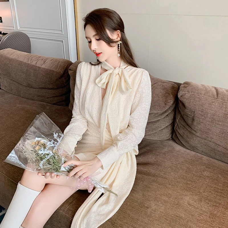 خريف جديد المشاهير التصميم الفرنسي القوس الدانتيل متابعة الخصر غير النظامية الورك ملفوفة اللباس #3