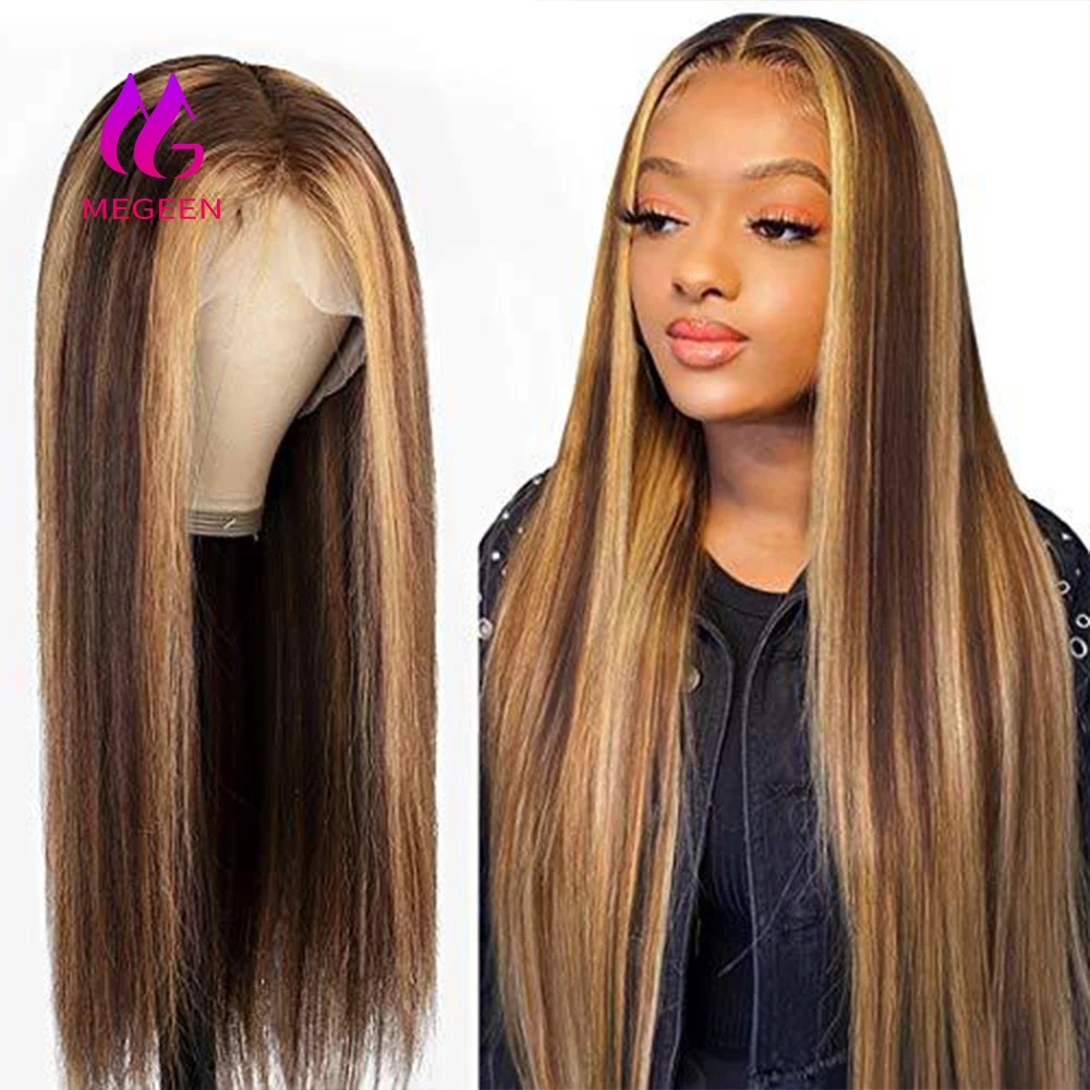 

Megeen 13X4 Lace Front Wig 100% Human Hair Highlight P427 Colored Straight Human Hair Pre Plucked Honey Blonde Lace Front Wig