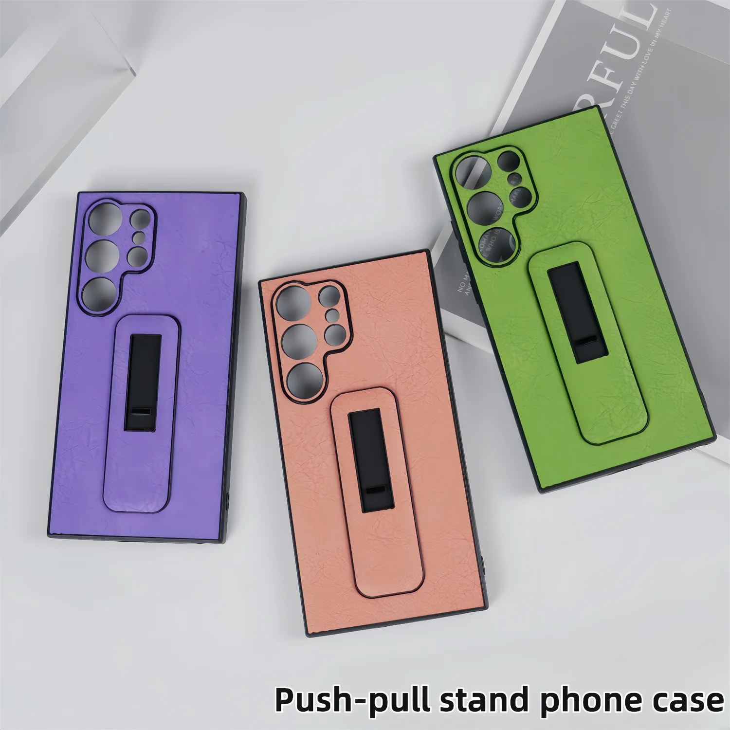 

Luxury Fluorescent Leather Wristband Grip Case for Galaxy S25 Ultra S21 S22 S23 S24 Plus Push-Pull Stand Soft Bumper Phone Cover